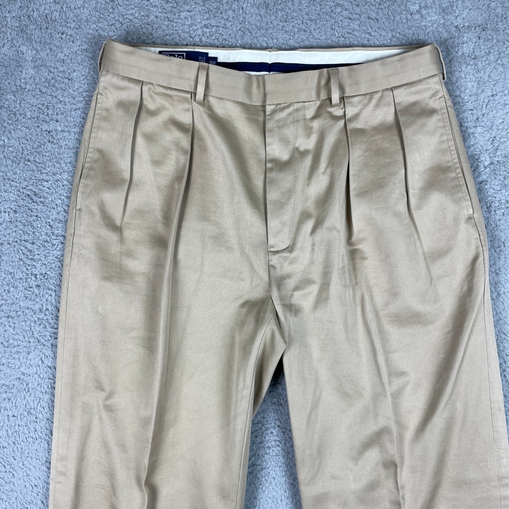 VTG Polo Ralph Lauren Double Pleated Chino Pants Mens 36R (Fits 34x31) Tan Khaki - Picture 3 of 9